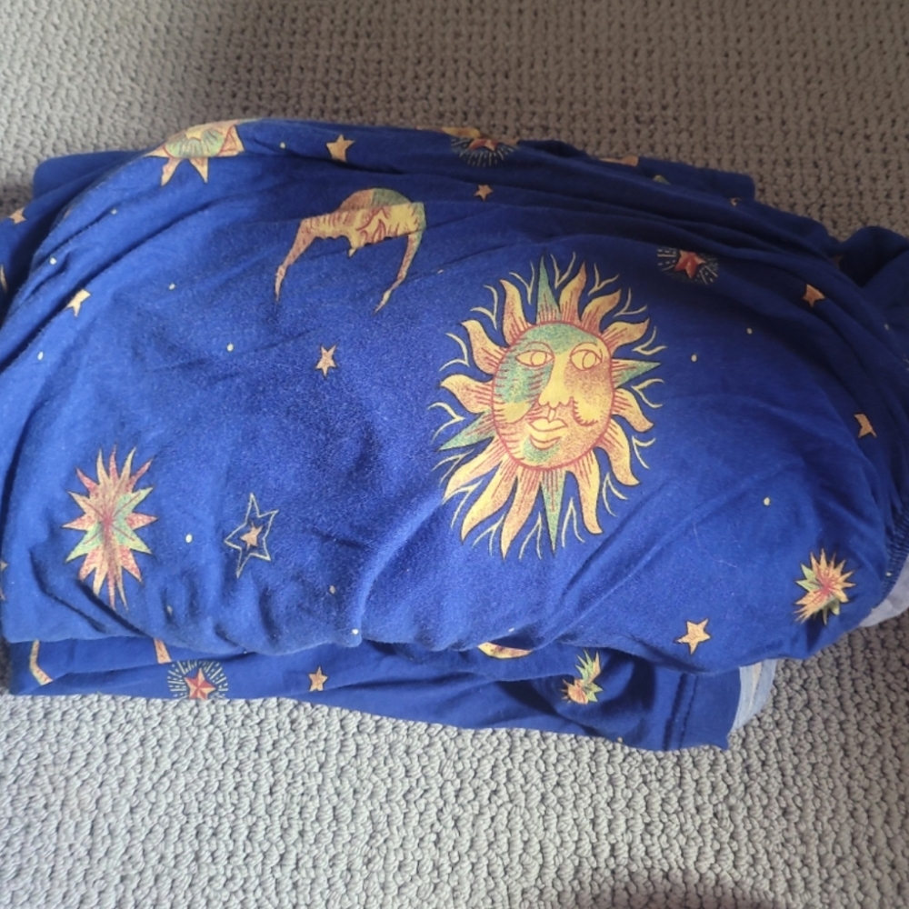 Vintage 90s Celestial Bedding Sheet Set Sun Moon Stars Twin Blue